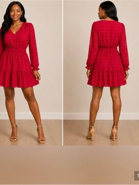 LOFT Crimson V-Neck Long-Sleeve Tiered Mini Dress